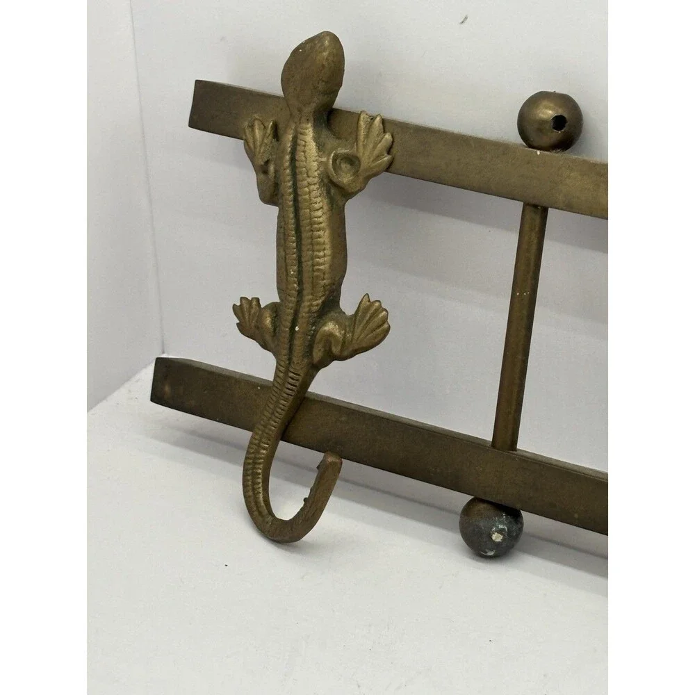 Vintage Solid Brass 5-Hook Lizard Gecko Wall Rack Coat Key Towel Hanger Boho 22